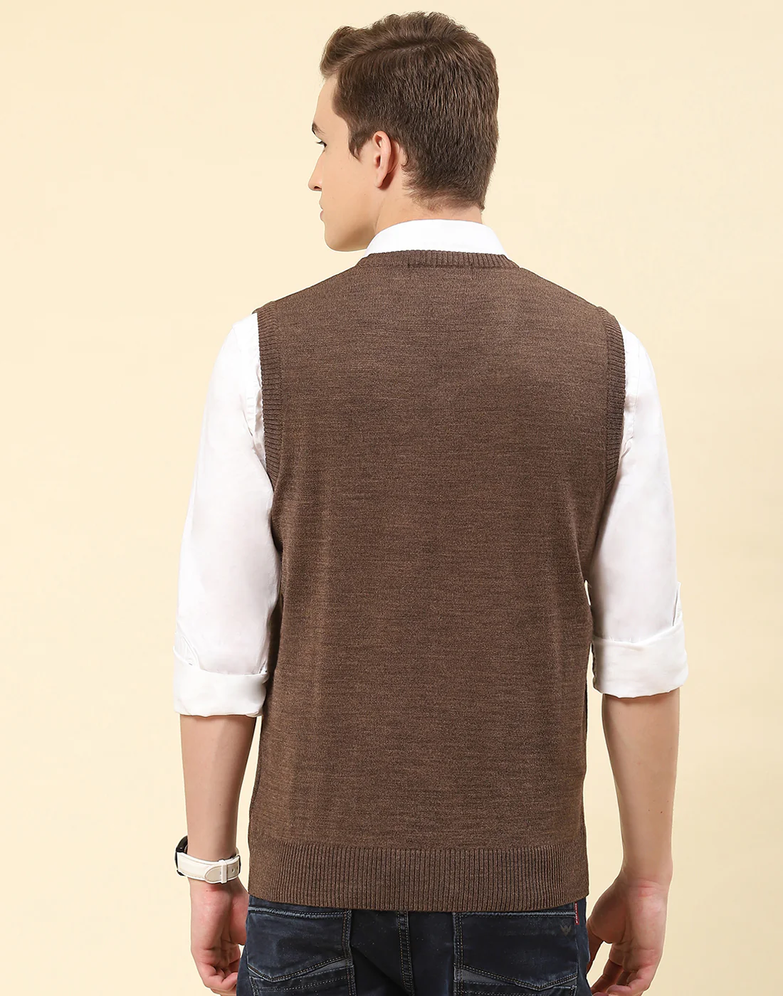 Men Brown Solid V Neck Sleeveless Sweater - Image 5