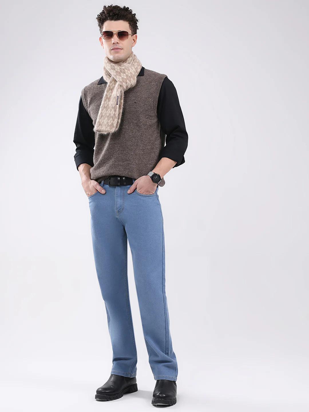 Men Brown Solid V Neck Sleeveless Sweater - Image 2
