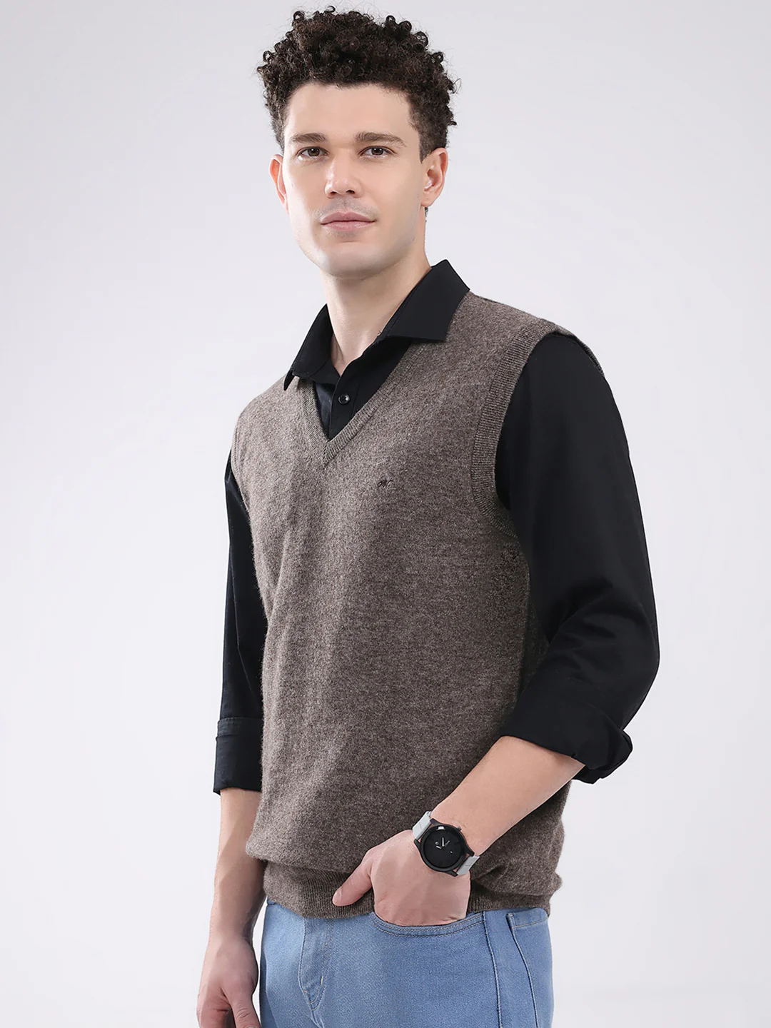 Men Brown Solid V Neck Sleeveless Sweater - Image 3