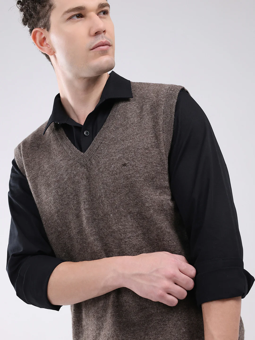 Men Brown Solid V Neck Sleeveless Sweater - Image 6