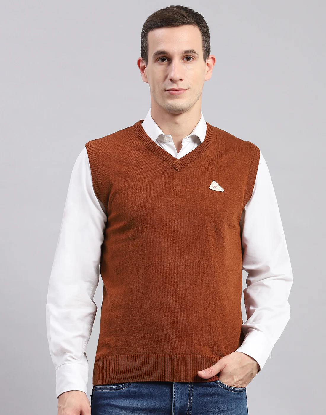 Men Brown Solid V Neck Sleeveless Sweaters/Pullovers - Image 2