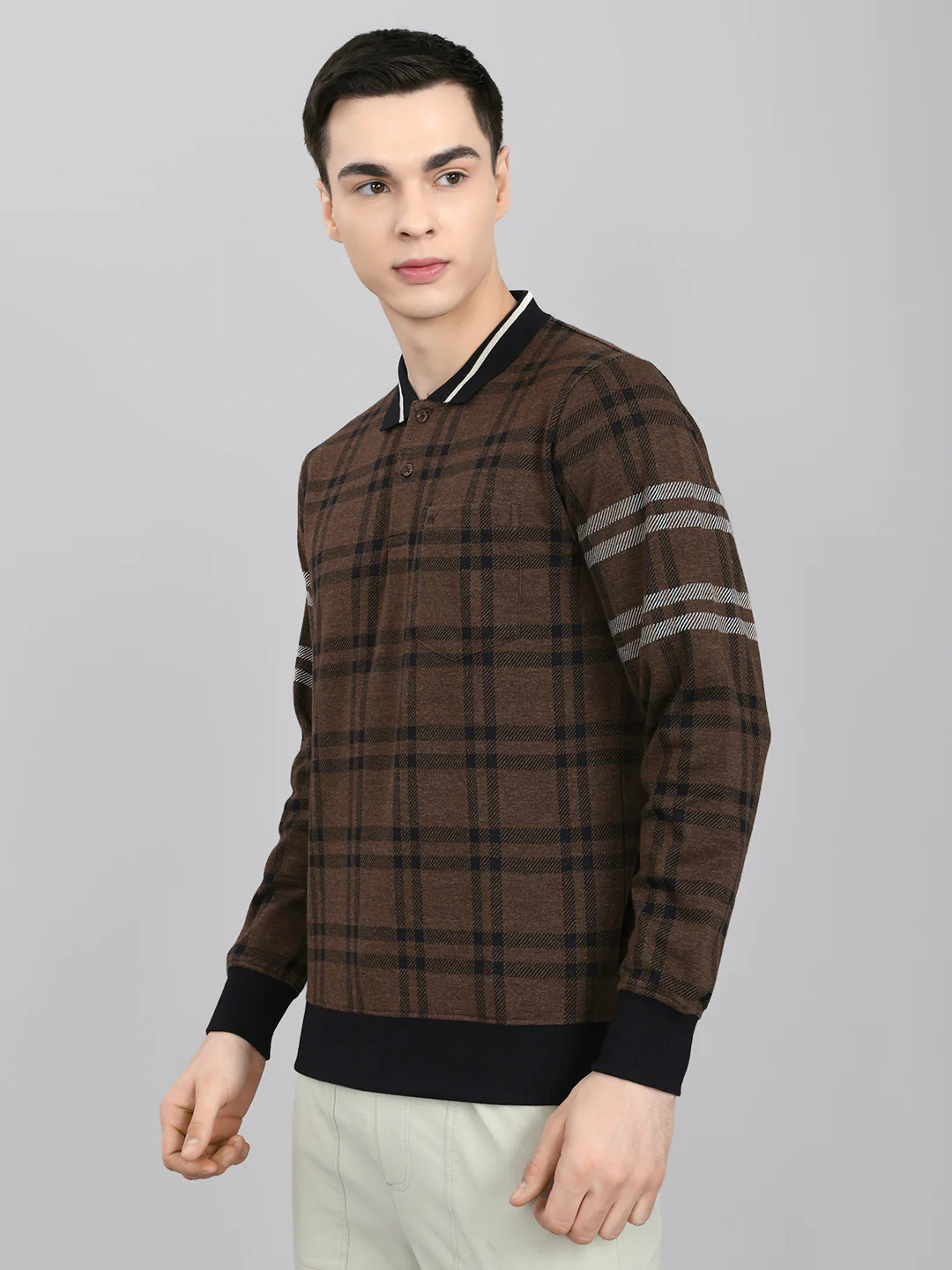 Men Brown Stripe Collar Full Sleeve Winter T-Shirt - Image 2