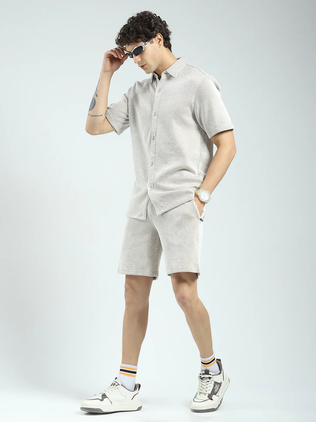 Rock.it Men Brown Stripe Collar Half Sleeve Cords Set - Image 2
