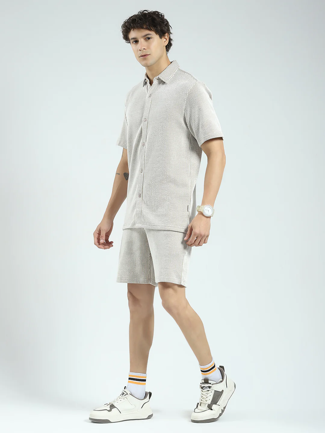 Rock.it Men Brown Stripe Collar Half Sleeve Cords Set - Image 3