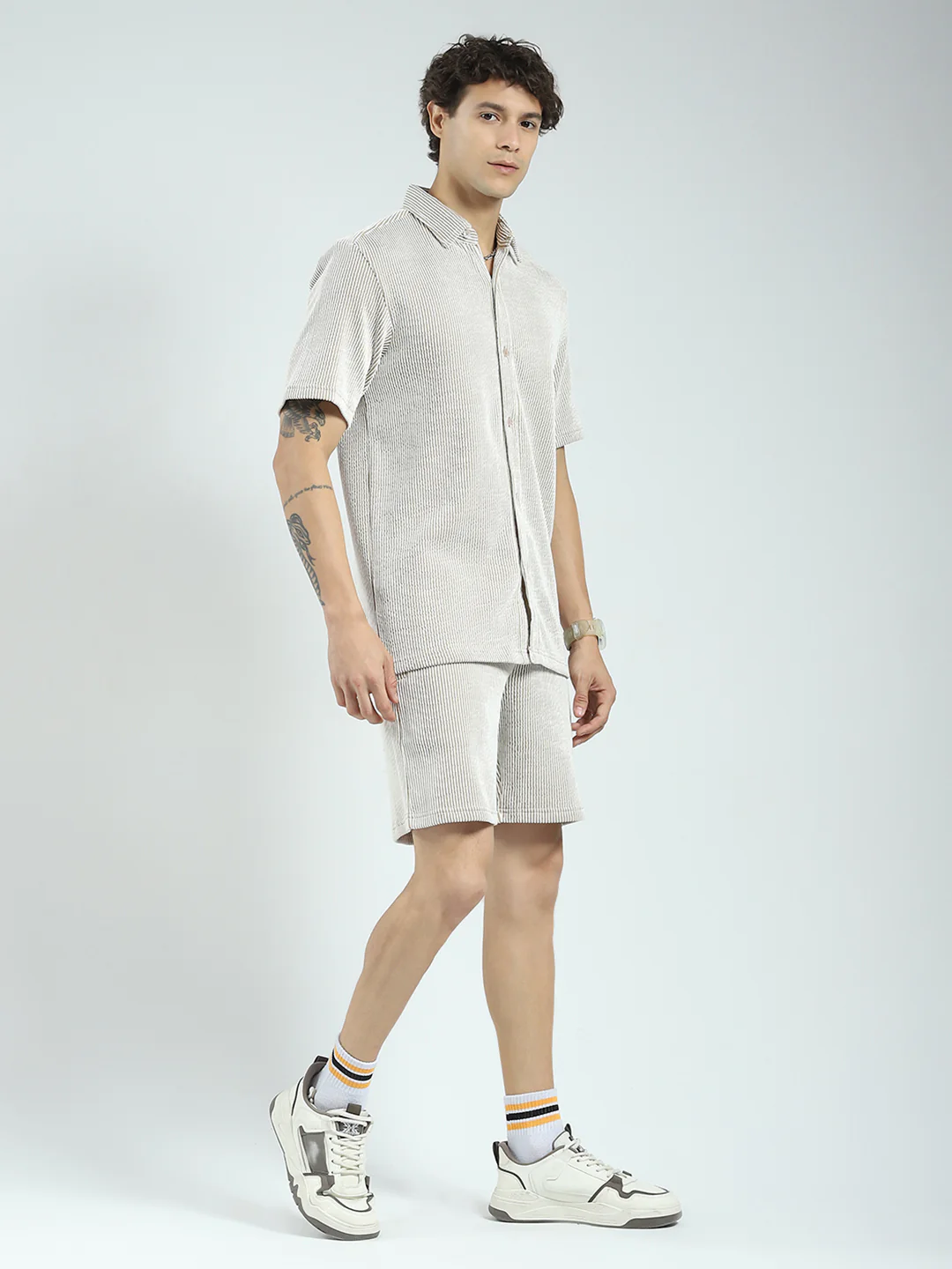 Rock.it Men Brown Stripe Collar Half Sleeve Cords Set - Image 4
