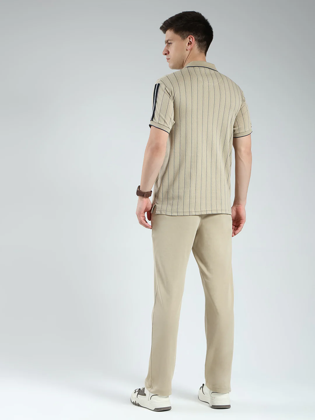 Men Brown Stripe Collar Half Sleeve Lower Set - Image 5