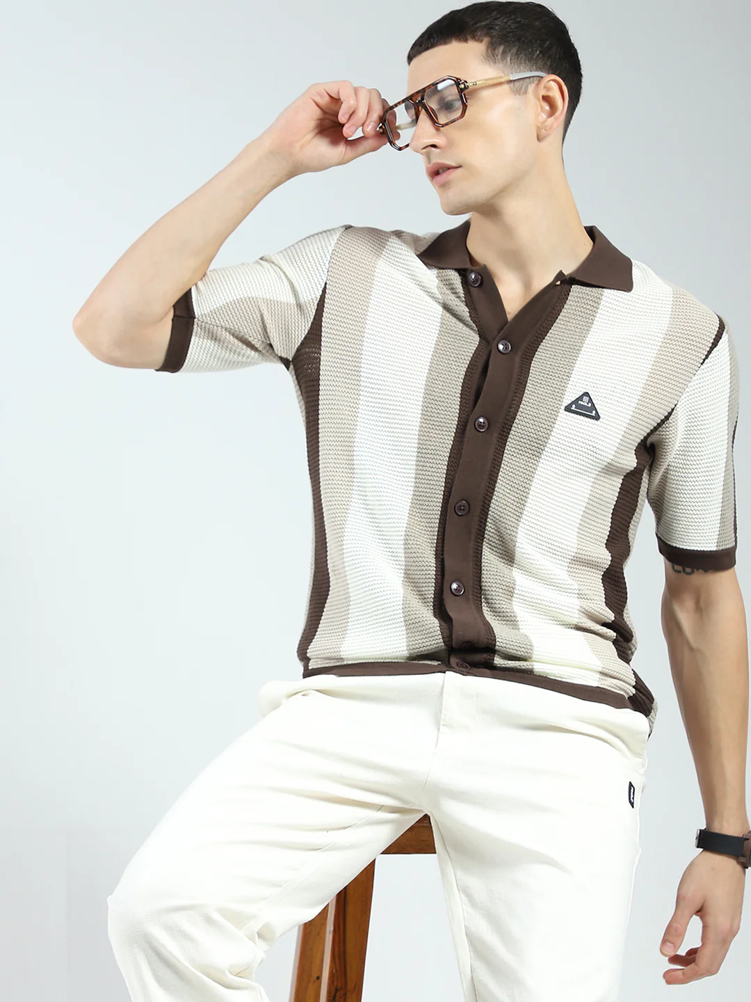 Rock.it Men Brown Stripe Collar Half Sleeve Shirt - Image 6