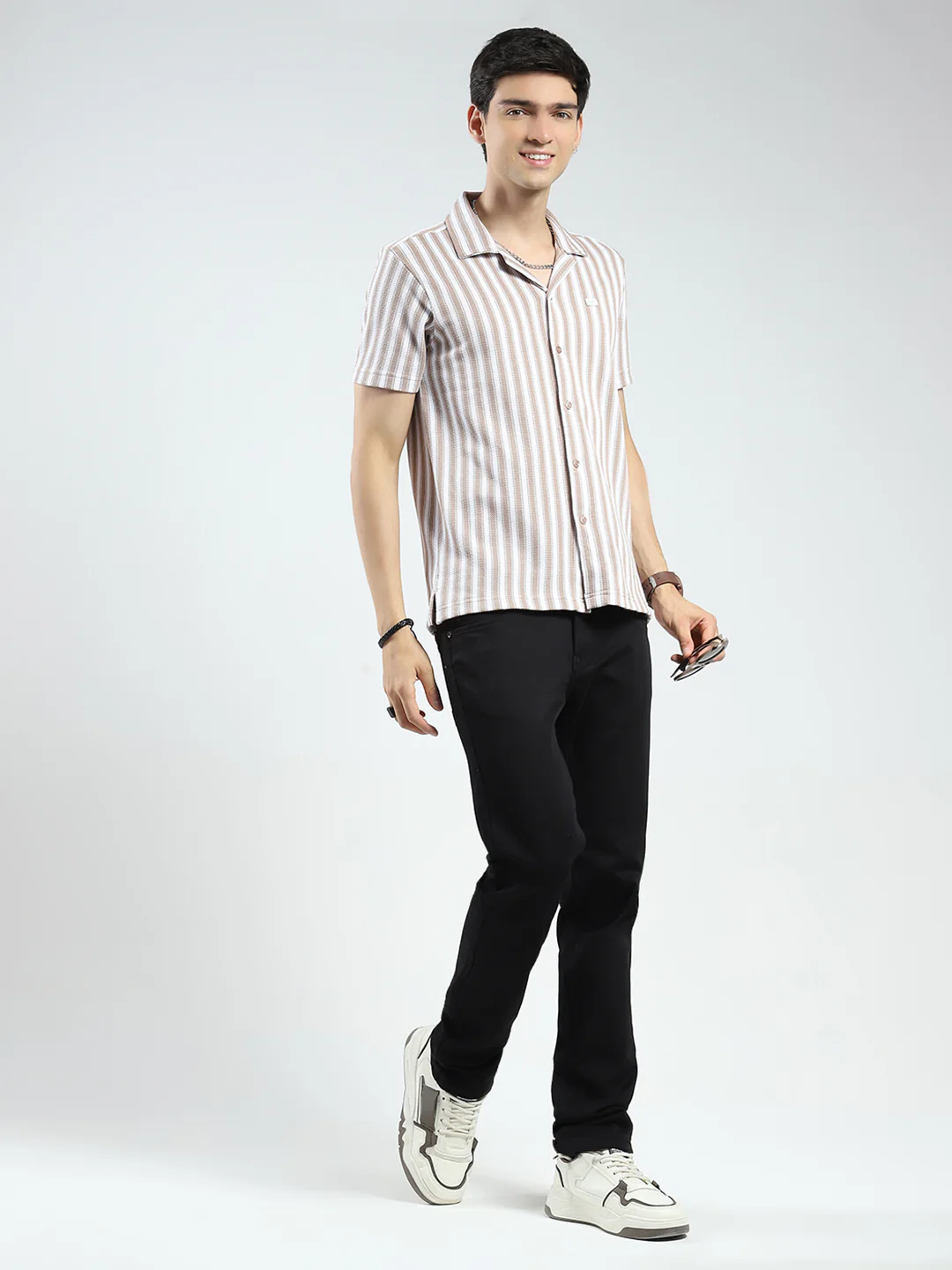 Men Brown Stripe Collar Half Sleeve Shirt - Image 2