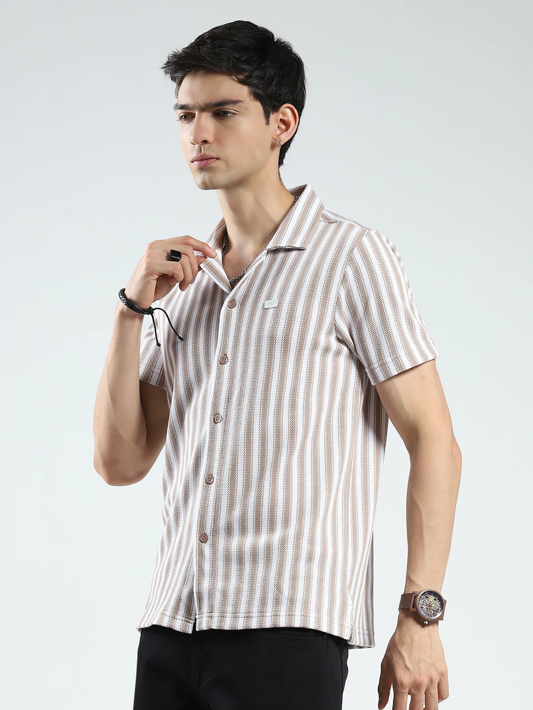 Men Brown Stripe Collar Half Sleeve Shirt - Image 3