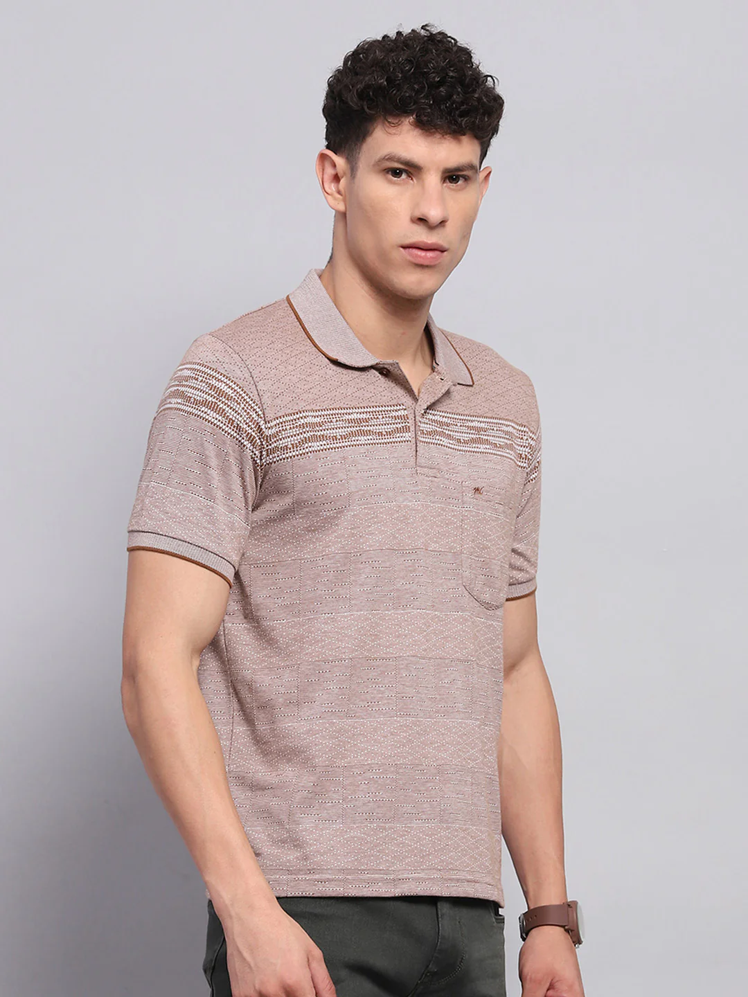Men Brown Stripe Collar Half Sleeve T-Shirt - Image 4