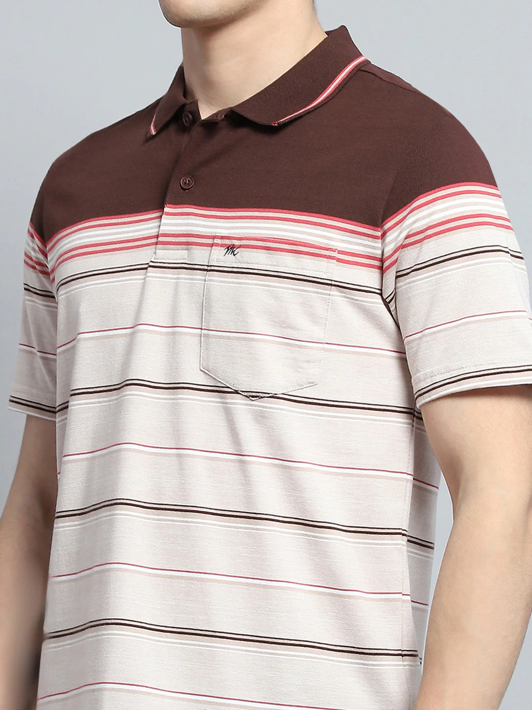Men Brown Stripe Collar Half Sleeve T-Shirt - Image 7
