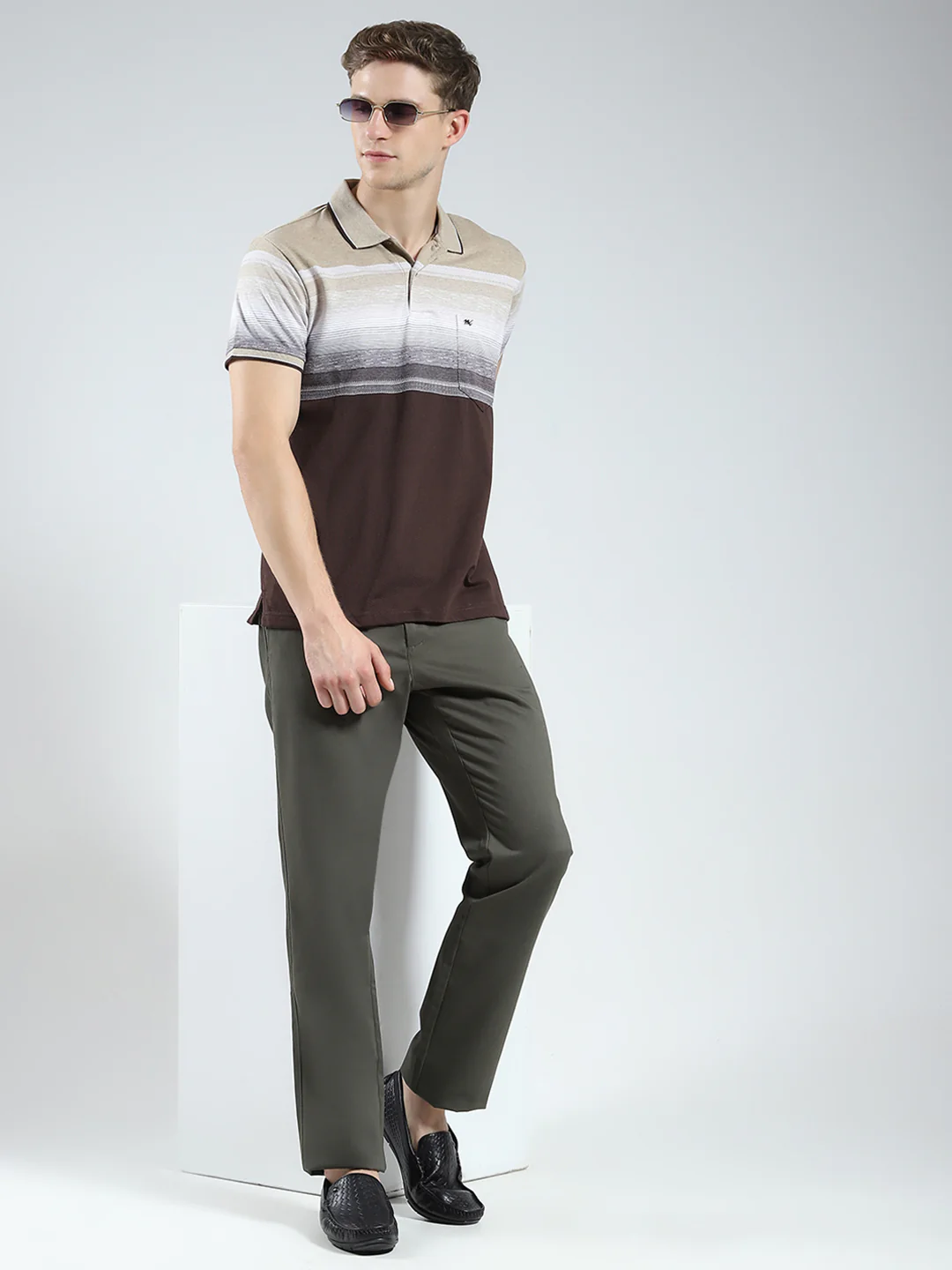Men Brown Stripe Collar Half Sleeve T-Shirt - Image 2