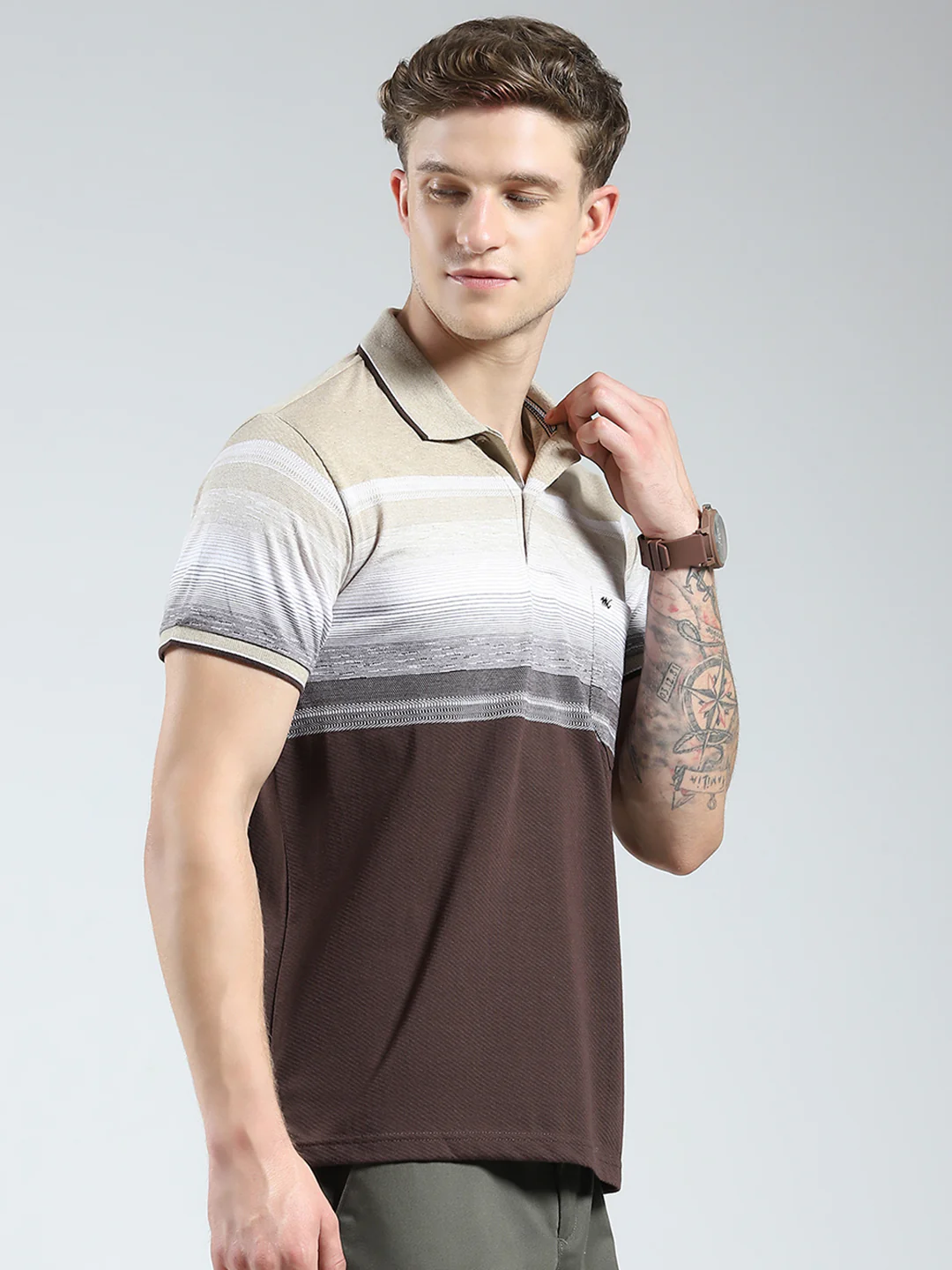 Men Brown Stripe Collar Half Sleeve T-Shirt - Image 4