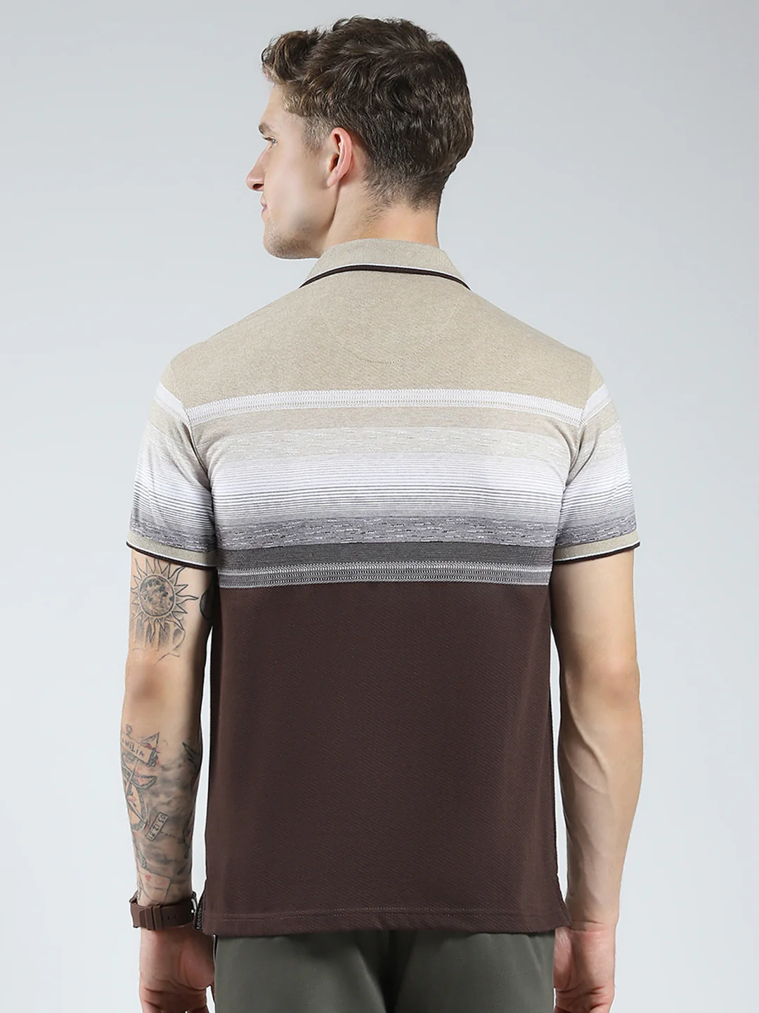 Men Brown Stripe Collar Half Sleeve T-Shirt - Image 5