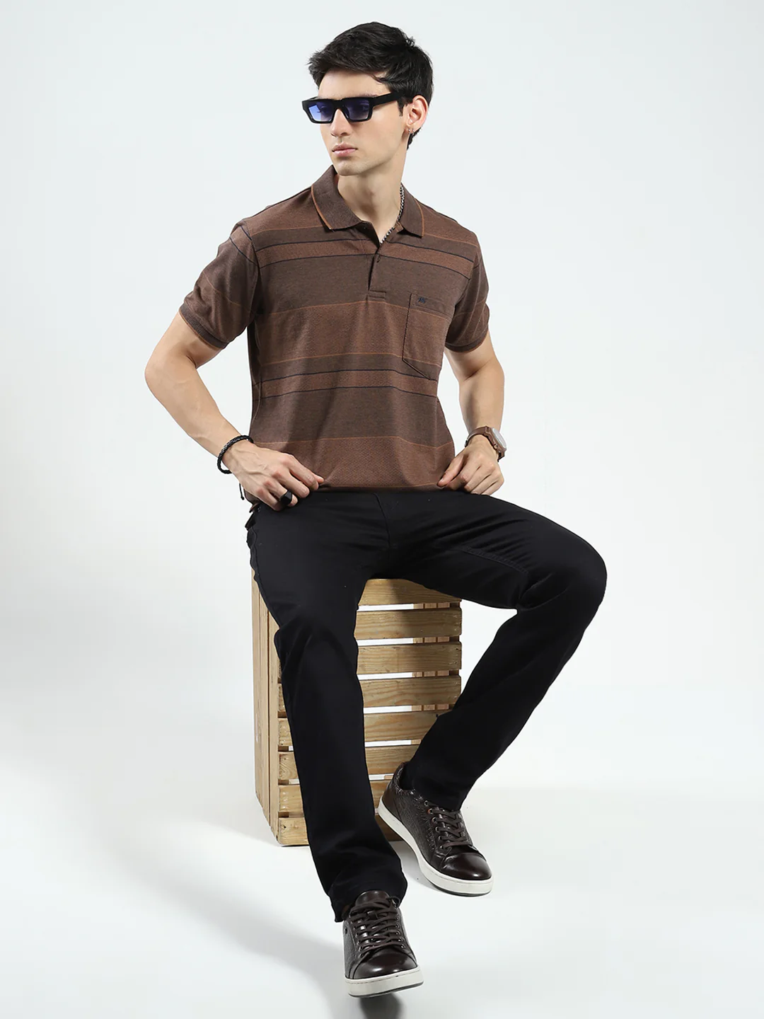 Men Brown Stripe Collar Half Sleeve T-Shirt - Image 2