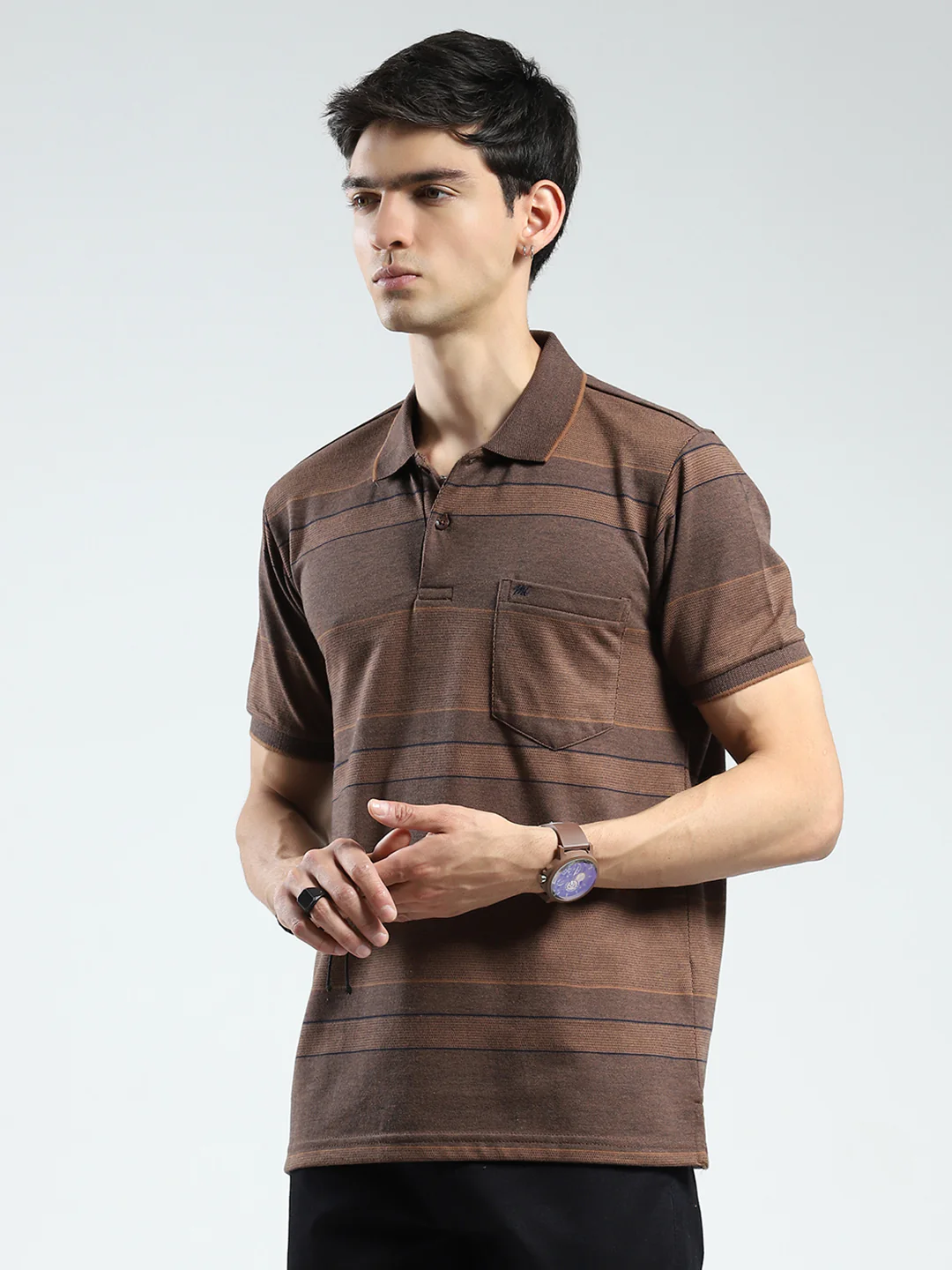 Men Brown Stripe Collar Half Sleeve T-Shirt - Image 3