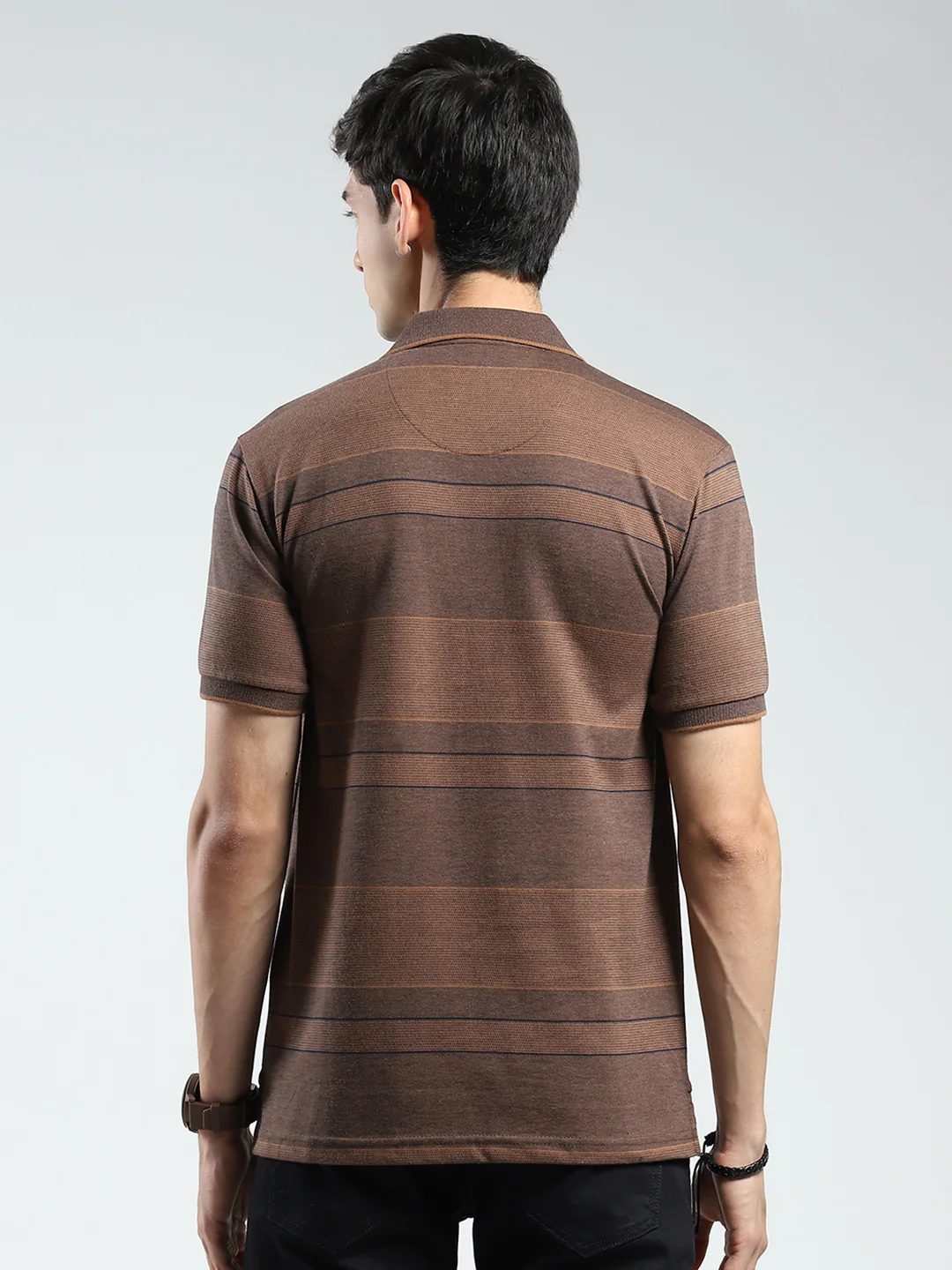 Men Brown Stripe Collar Half Sleeve T-Shirt - Image 5