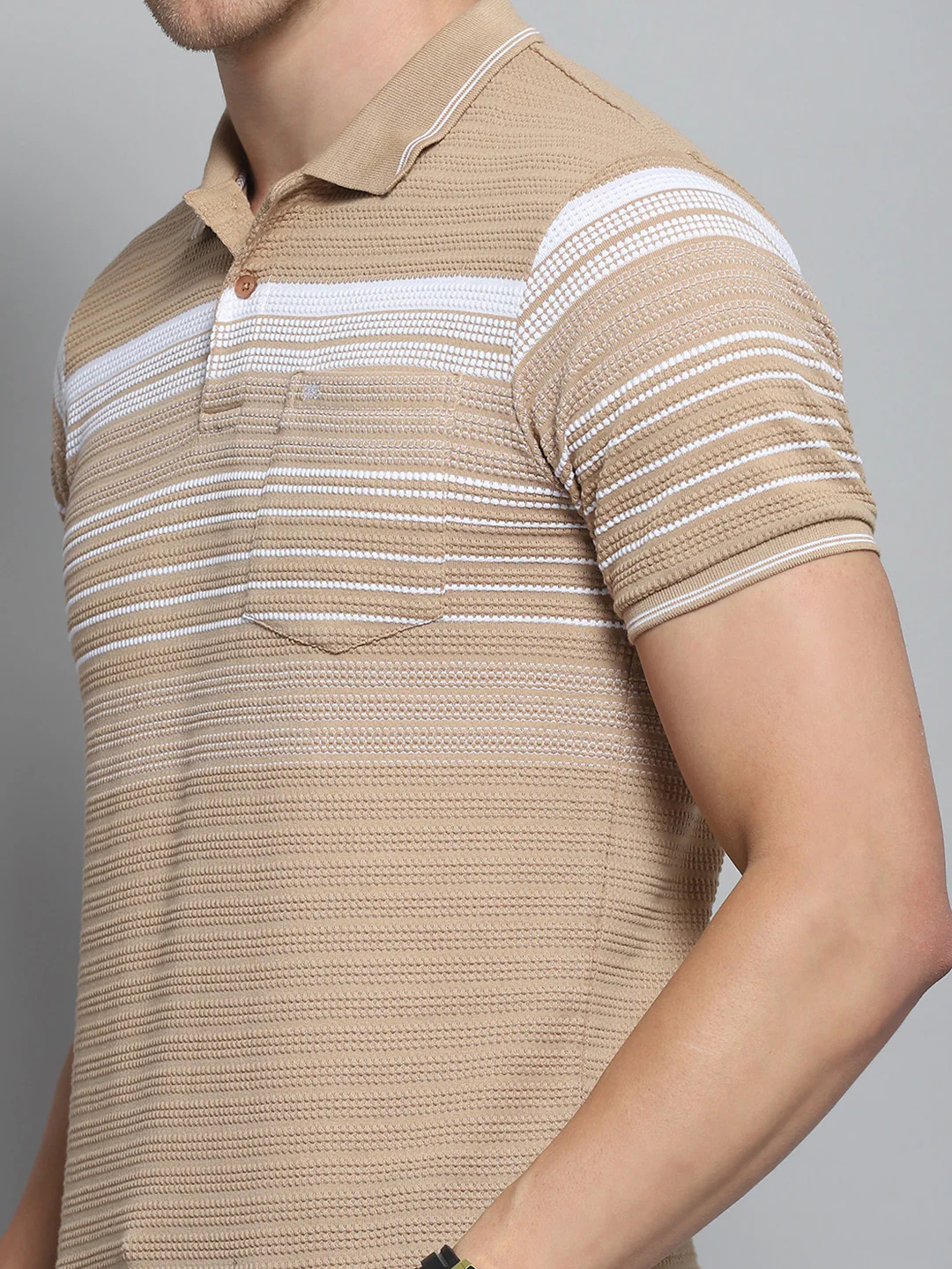 Men Brown Stripe Collar Half Sleeve T-Shirt - Image 6