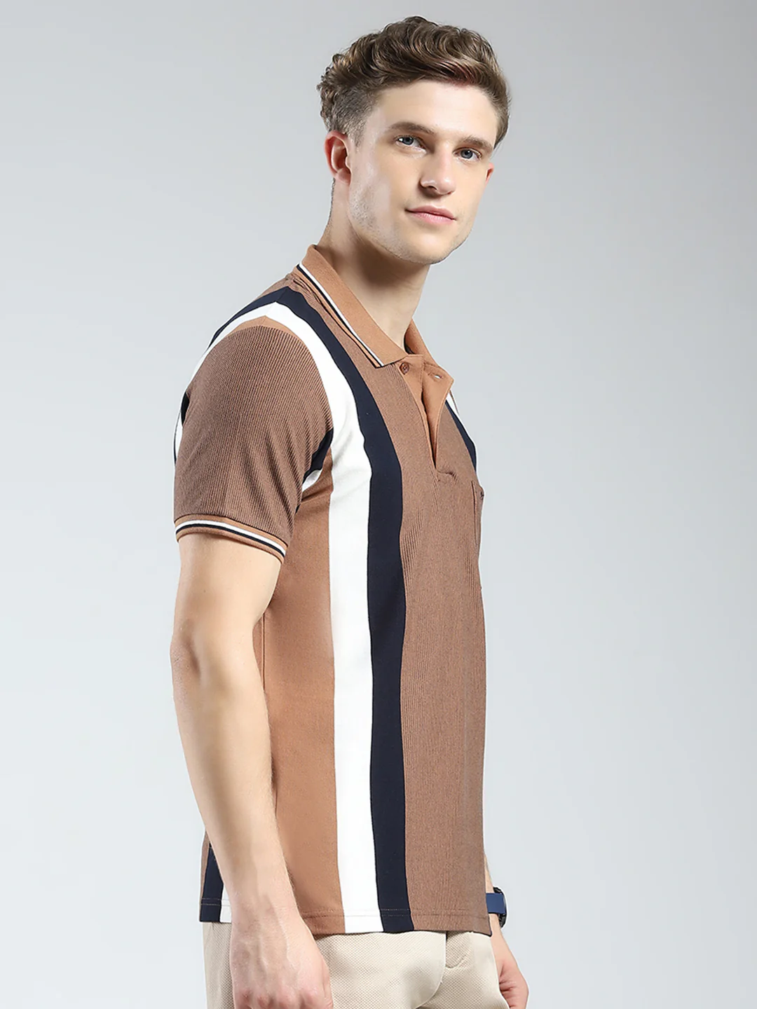 Men Brown Stripe Collar Half Sleeve T-Shirt - Image 4