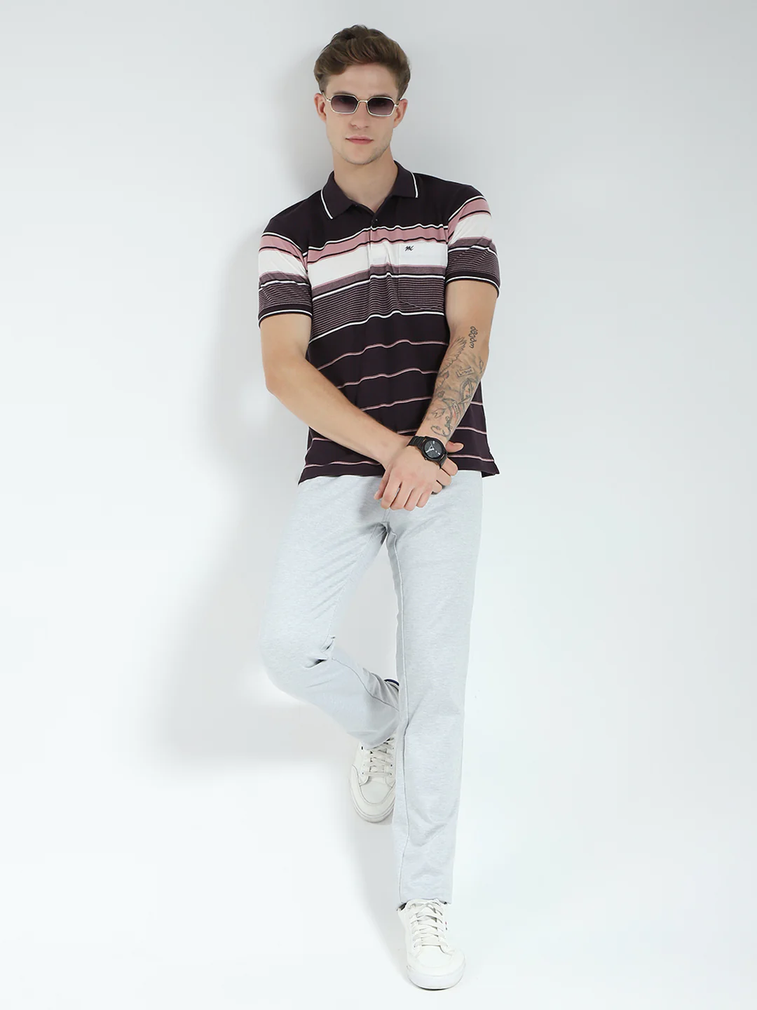 Men Brown Stripe Collar Half Sleeve T-Shirt - Image 2