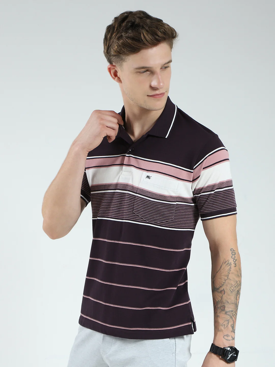 Men Brown Stripe Collar Half Sleeve T-Shirt - Image 3