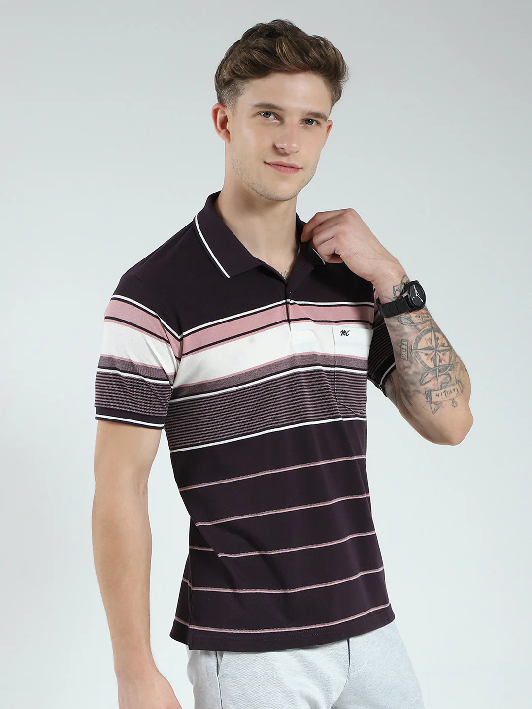 Men Brown Stripe Collar Half Sleeve T-Shirt - Image 4