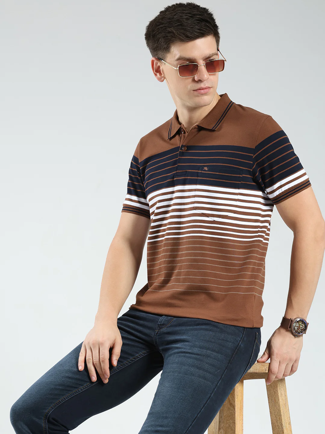 Men Brown Stripe Collar Half Sleeve T-Shirt - Image 6