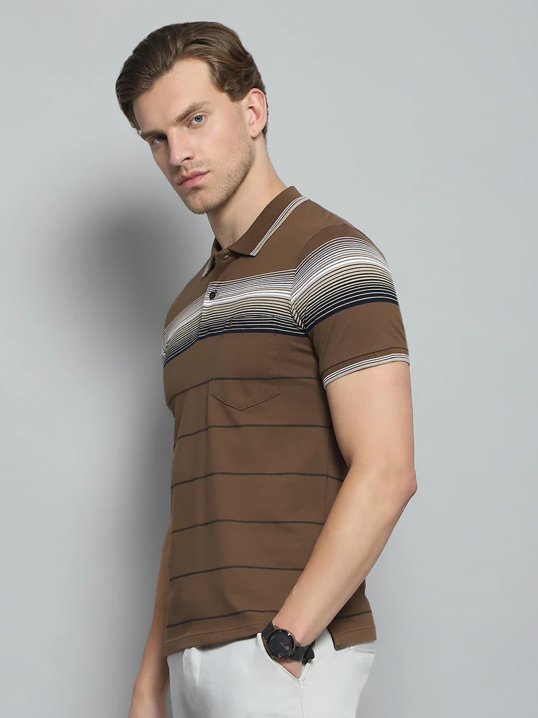 Men Brown Stripe Collar Half Sleeve T-Shirt - Image 3