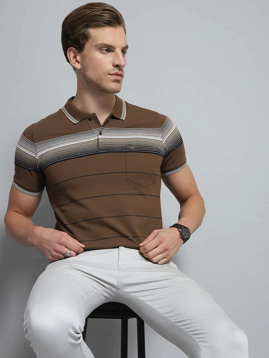 Men Brown Stripe Collar Half Sleeve T-Shirt - Image 6