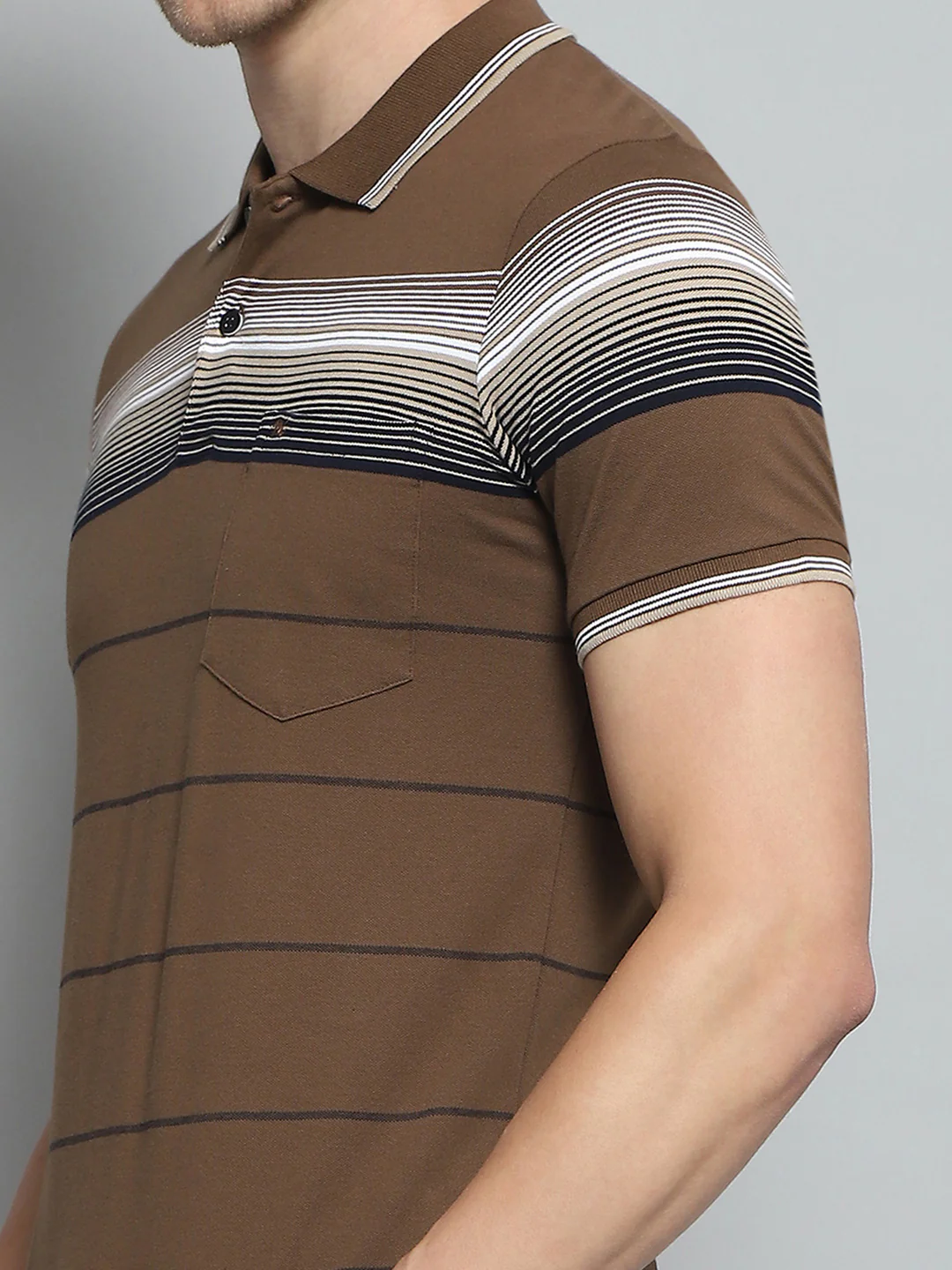 Men Brown Stripe Collar Half Sleeve T-Shirt - Image 7