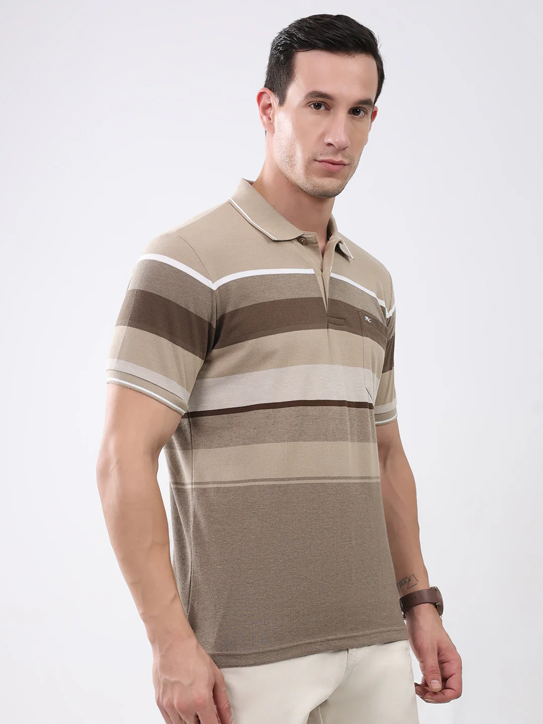Men Brown Stripe Collar Half Sleeve T-Shirt - Image 4