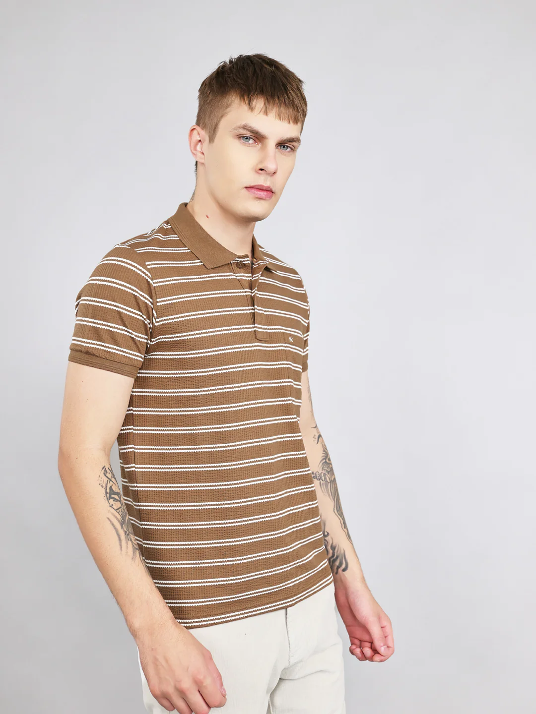 Men Brown Stripe Collar Half Sleeve T-Shirt - Image 2