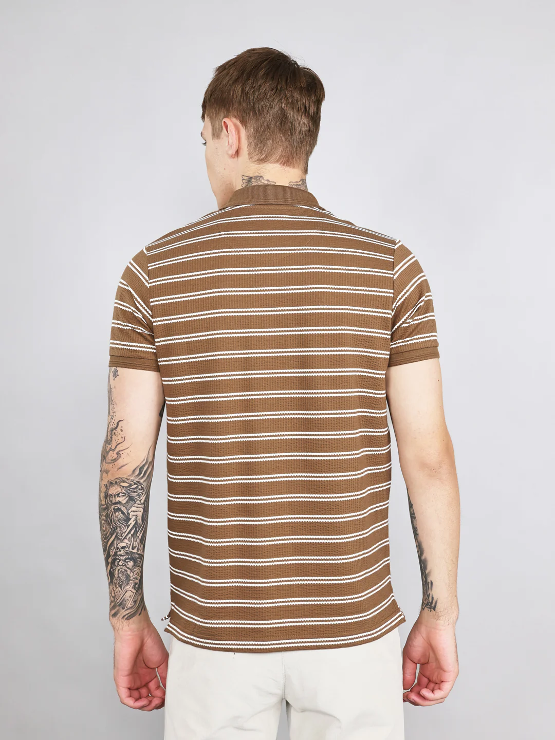 Men Brown Stripe Collar Half Sleeve T-Shirt - Image 3