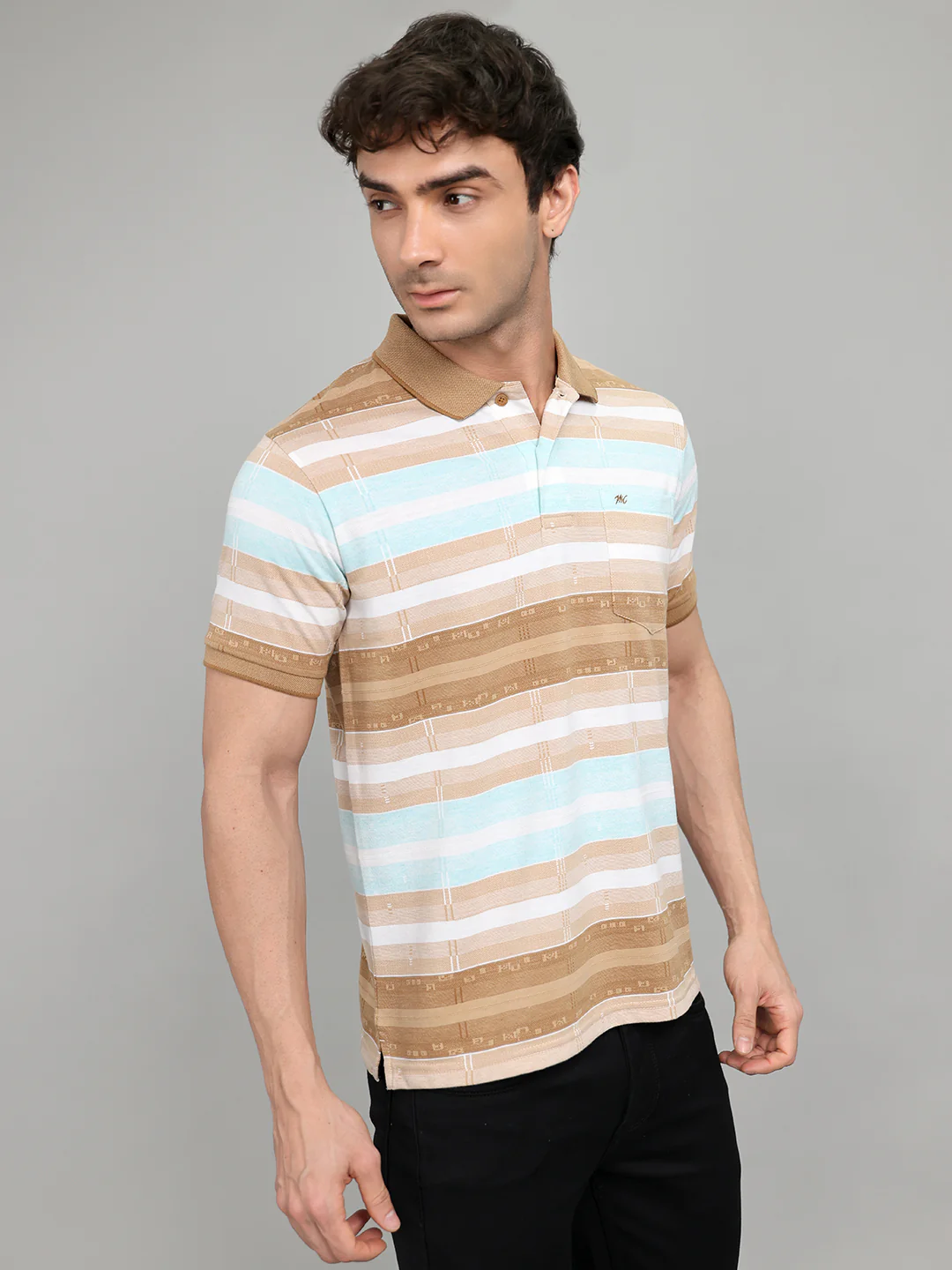 Men Brown Stripe Collar Half Sleeve T-Shirt - Image 3