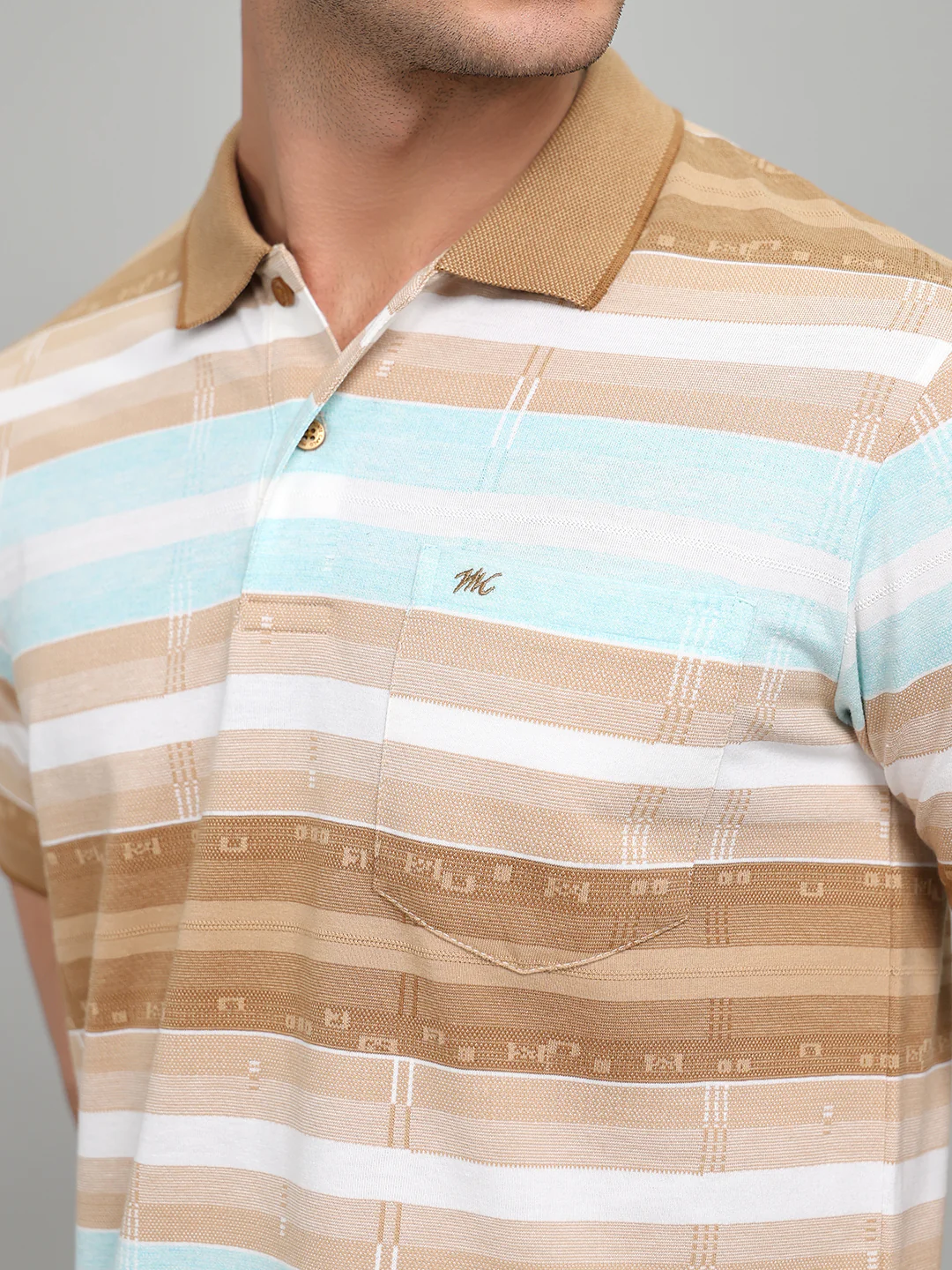 Men Brown Stripe Collar Half Sleeve T-Shirt - Image 5