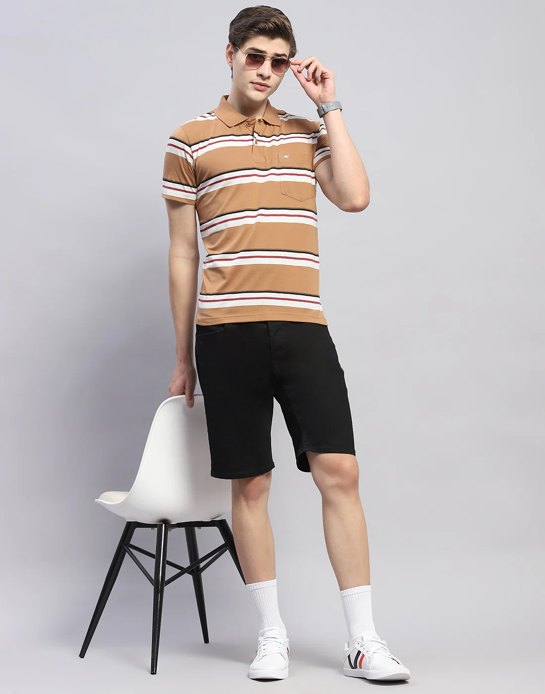 Men Brown Stripe Polo Collar Half Sleeve T-Shirt - Image 2