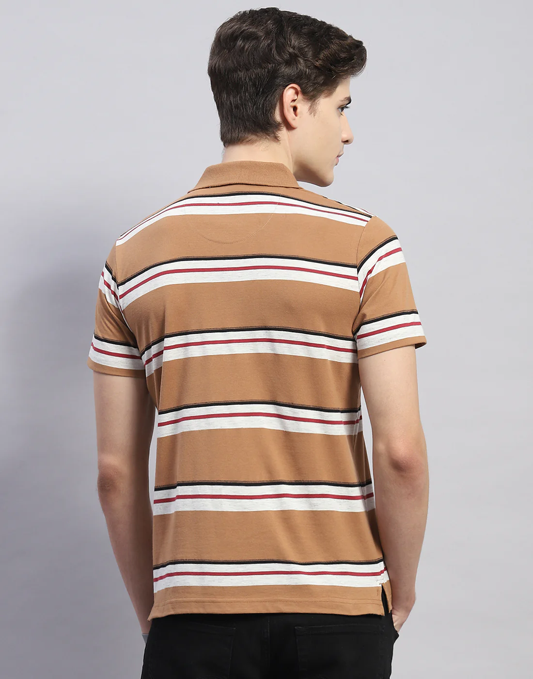 Men Brown Stripe Polo Collar Half Sleeve T-Shirt - Image 6