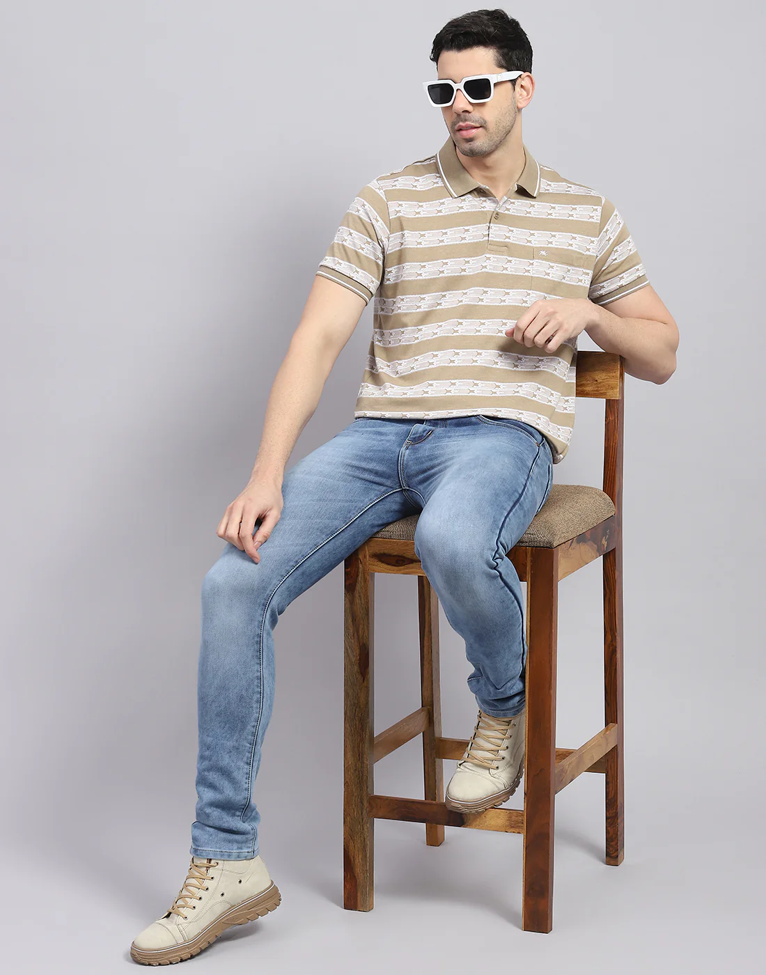 Men Brown Stripe Polo Collar Half Sleeve T-Shirt - Image 2