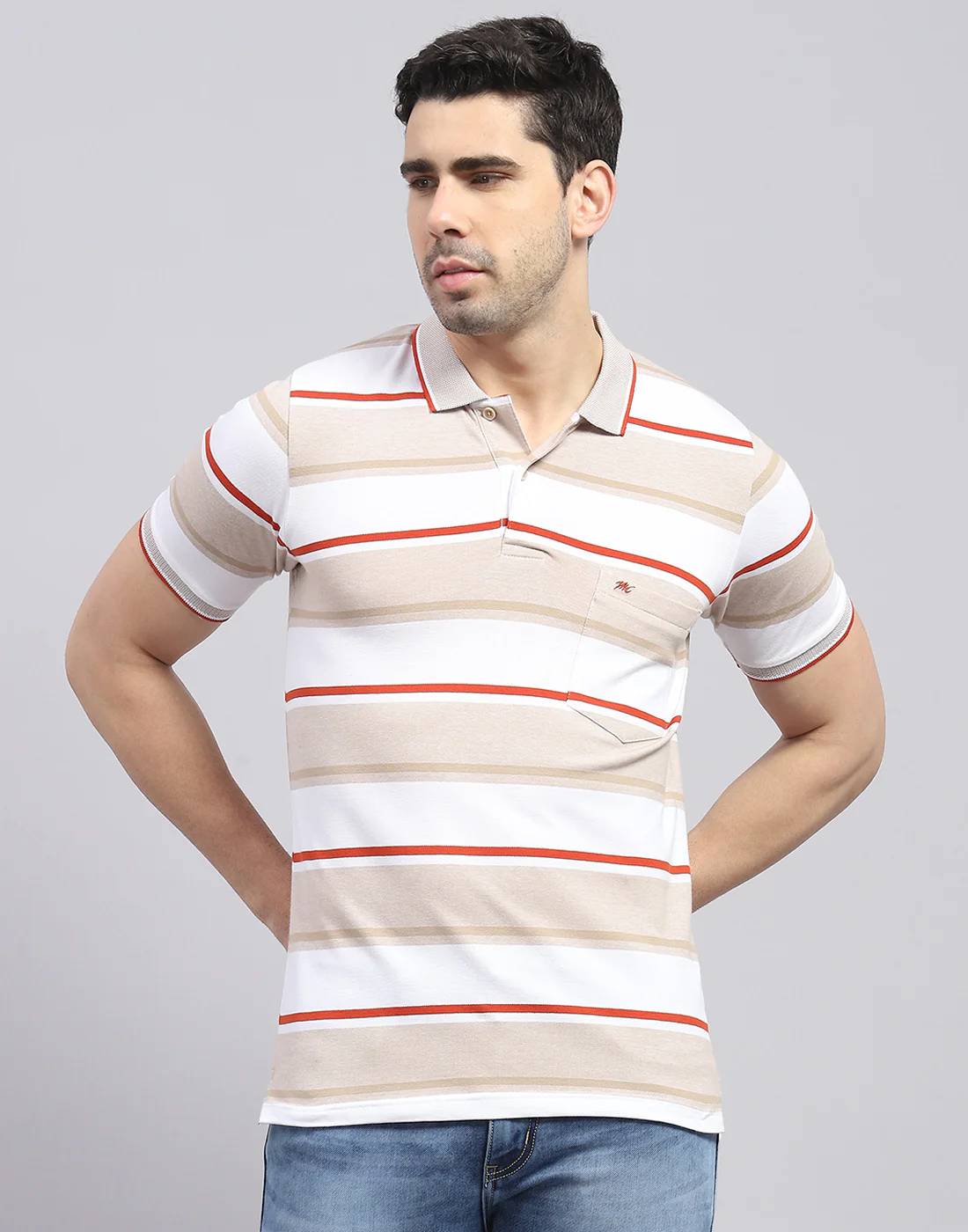 Men Brown Stripe Polo Collar Half Sleeve T-Shirt - Image 3
