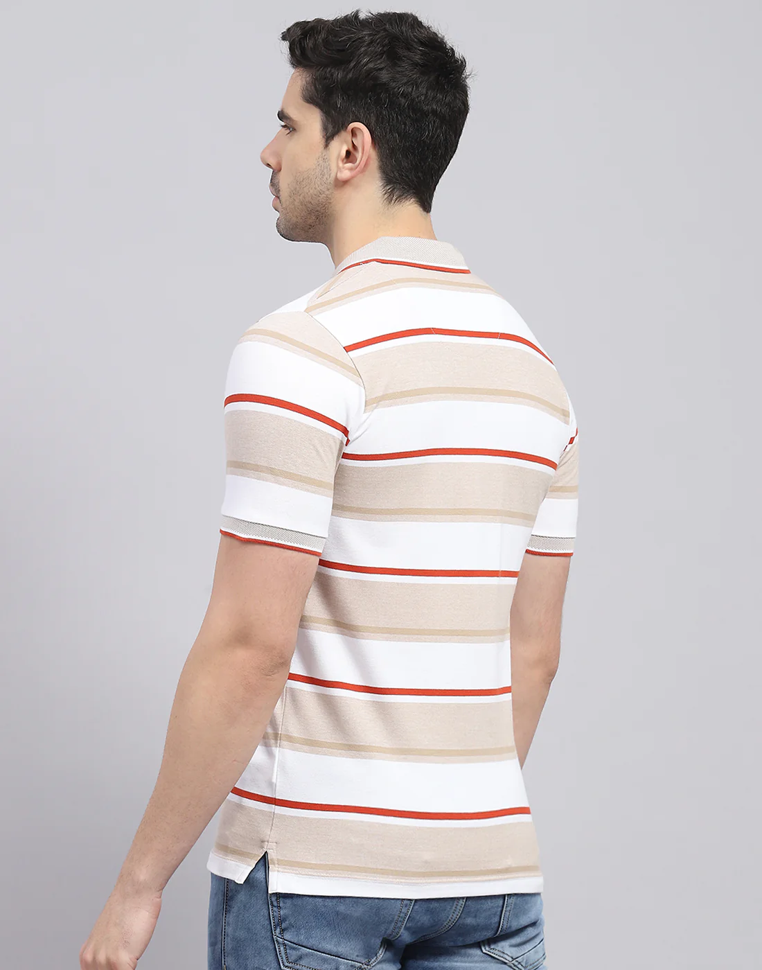Men Brown Stripe Polo Collar Half Sleeve T-Shirt - Image 6