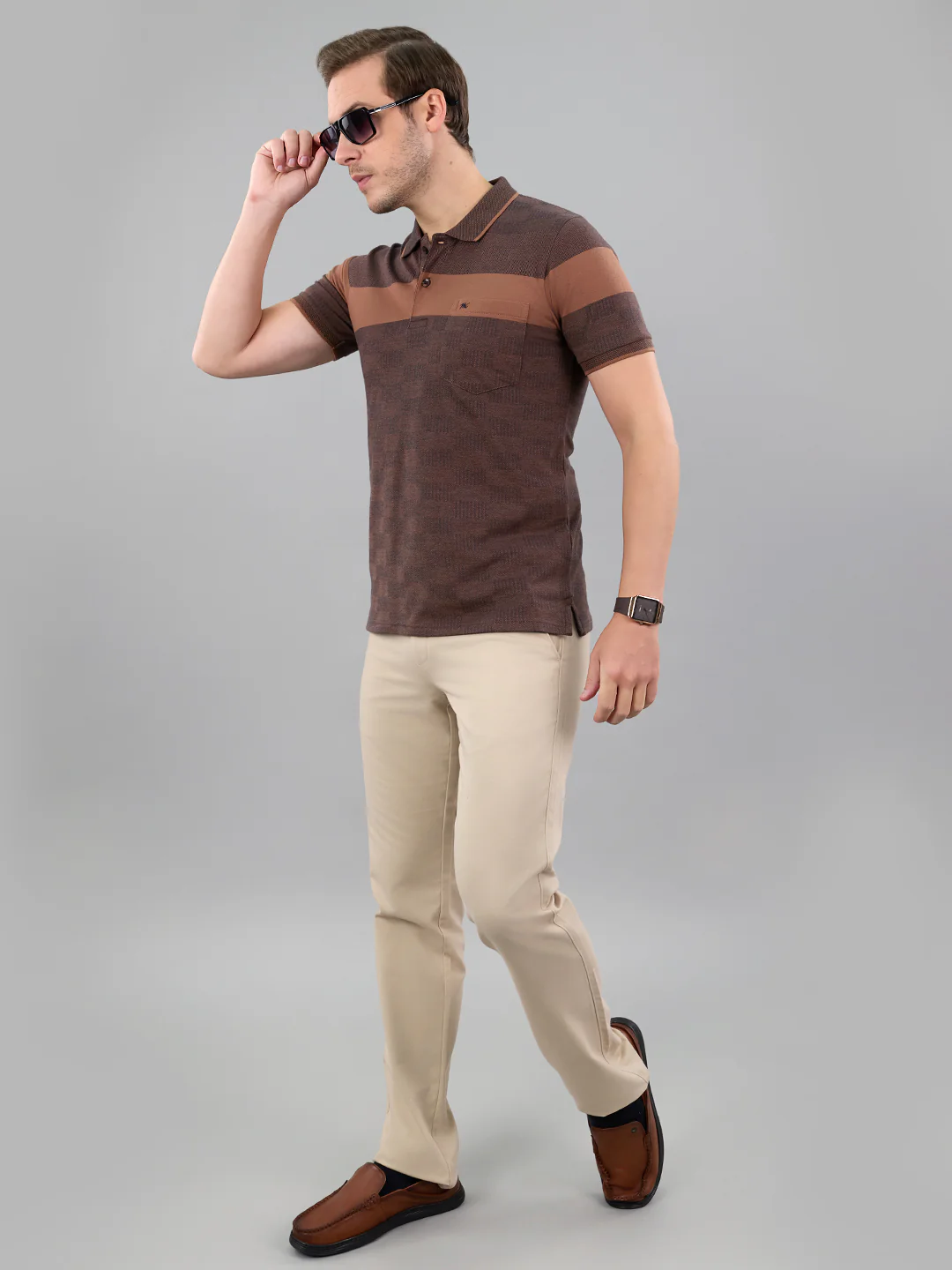 Men Brown Stripe Polo Collar Half Sleeve T-Shirt - Image 7