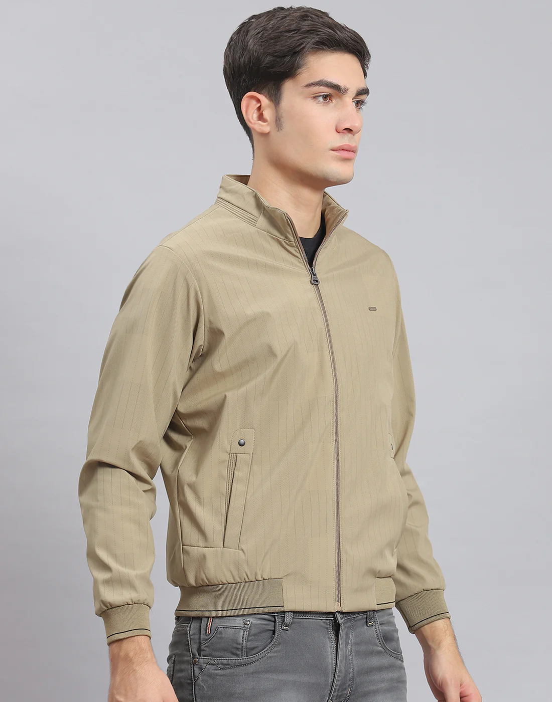 Men Brown Stripe Stand Collar Full Sleeve Jacket - Image 4