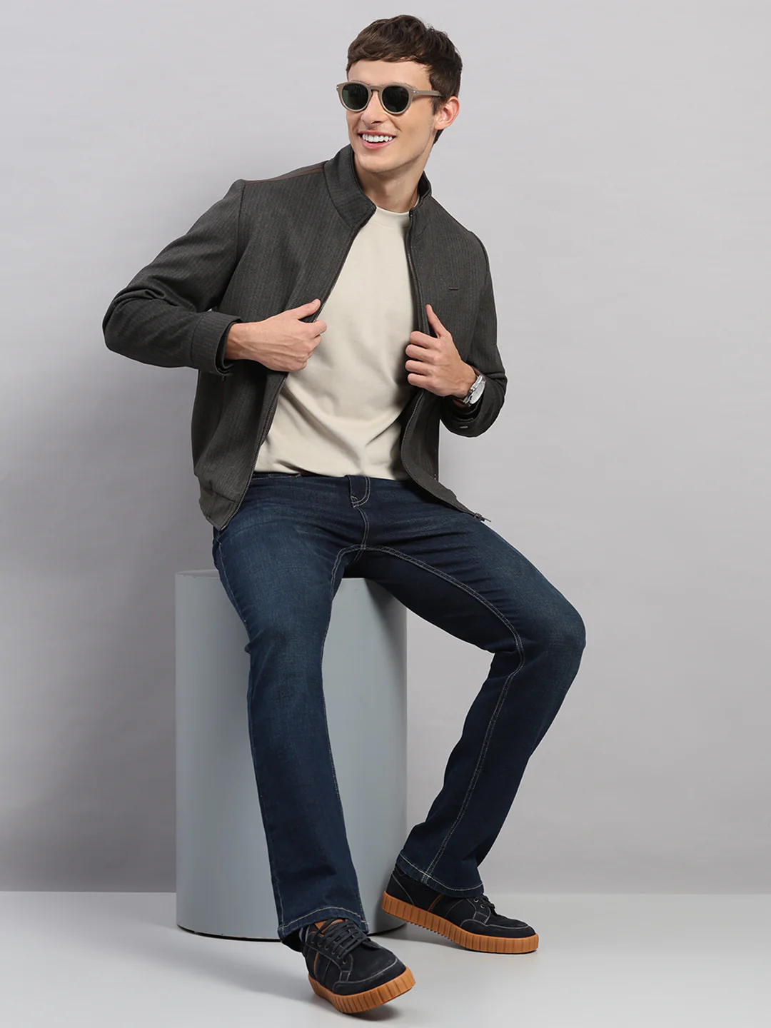 Men Brown Stripe Stand Collar Full Sleeve Jacket - Image 2