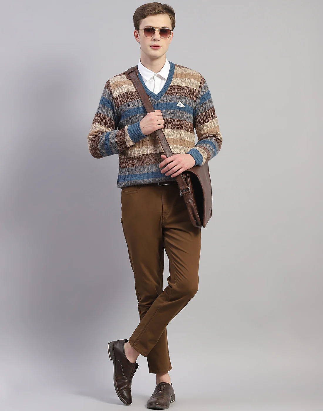 Men Brown Stripe V Neck Full Sleeve Pullover - Image 2