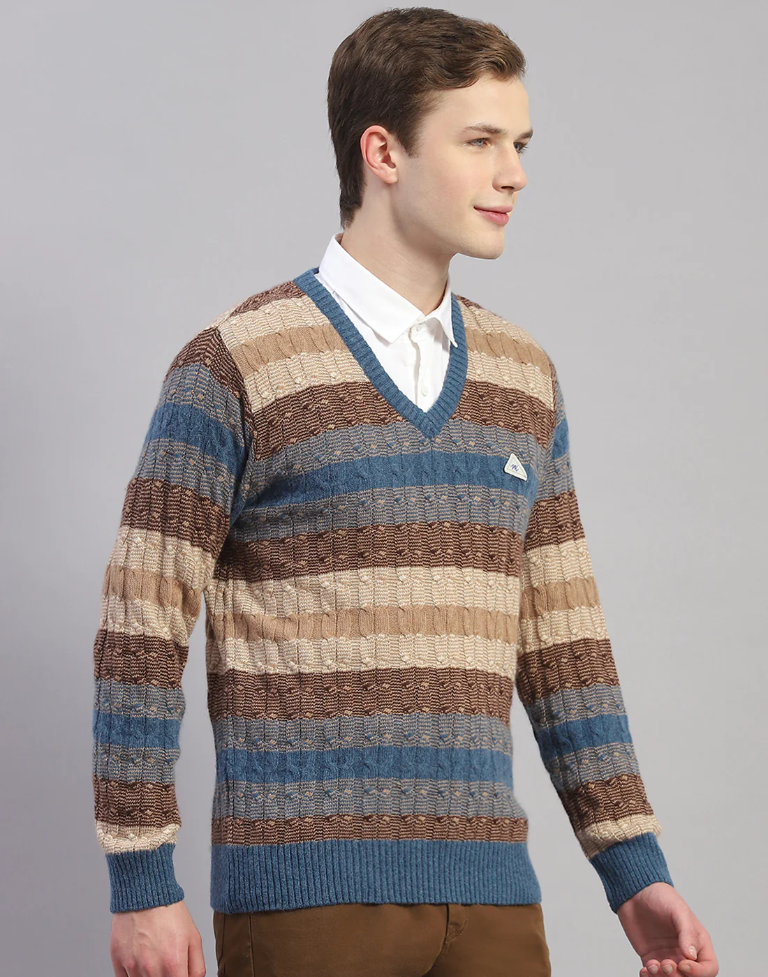 Men Brown Stripe V Neck Full Sleeve Pullover - Image 4