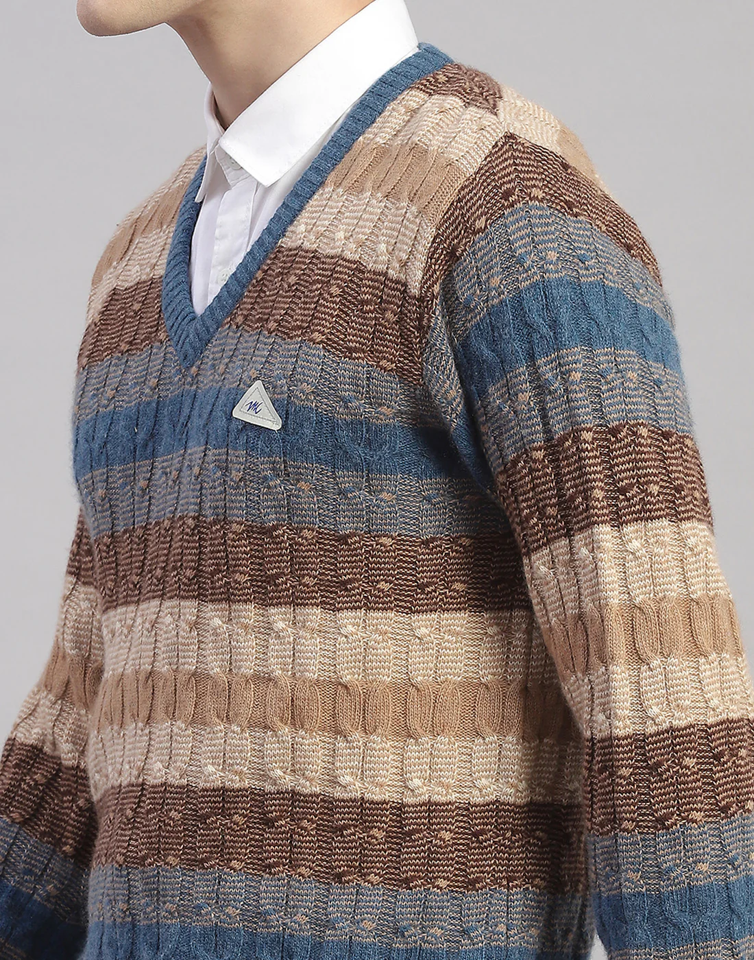 Men Brown Stripe V Neck Full Sleeve Pullover - Image 6