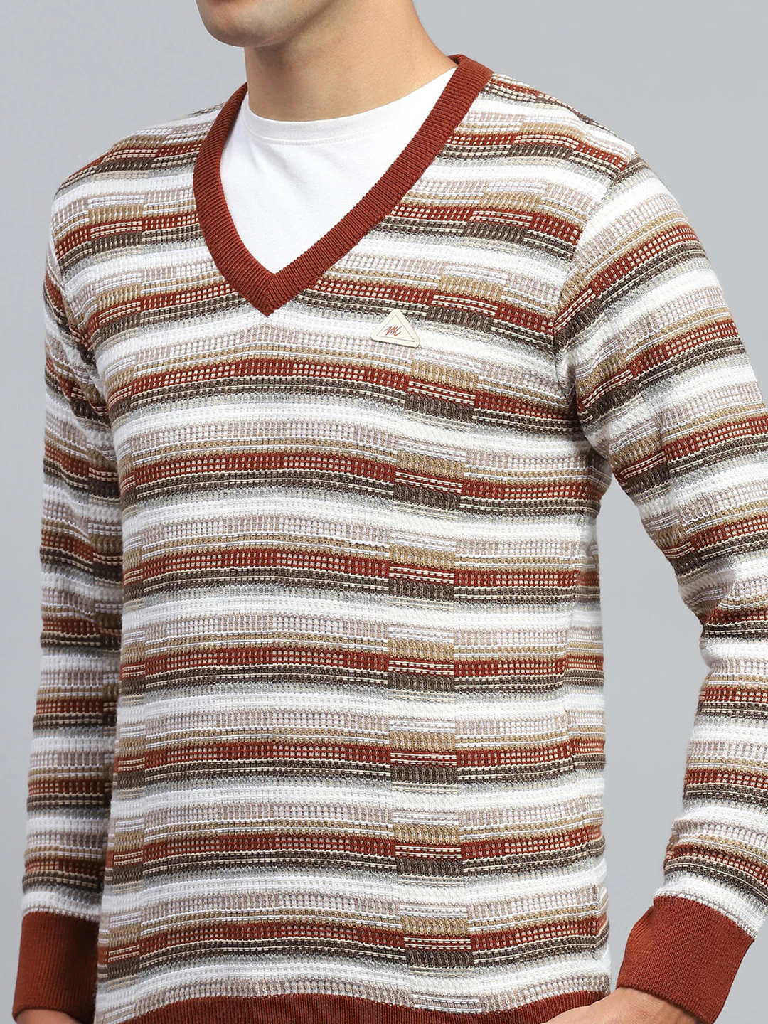 Men Brown Stripe V Neck Full Sleeve Pullover - Image 6