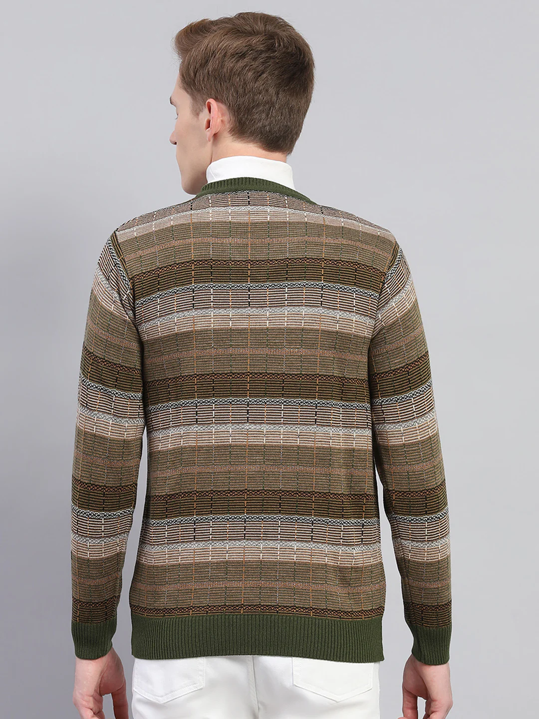 Men Green & Brown Stripe V Neck Full Sleeve Pullover - Image 6