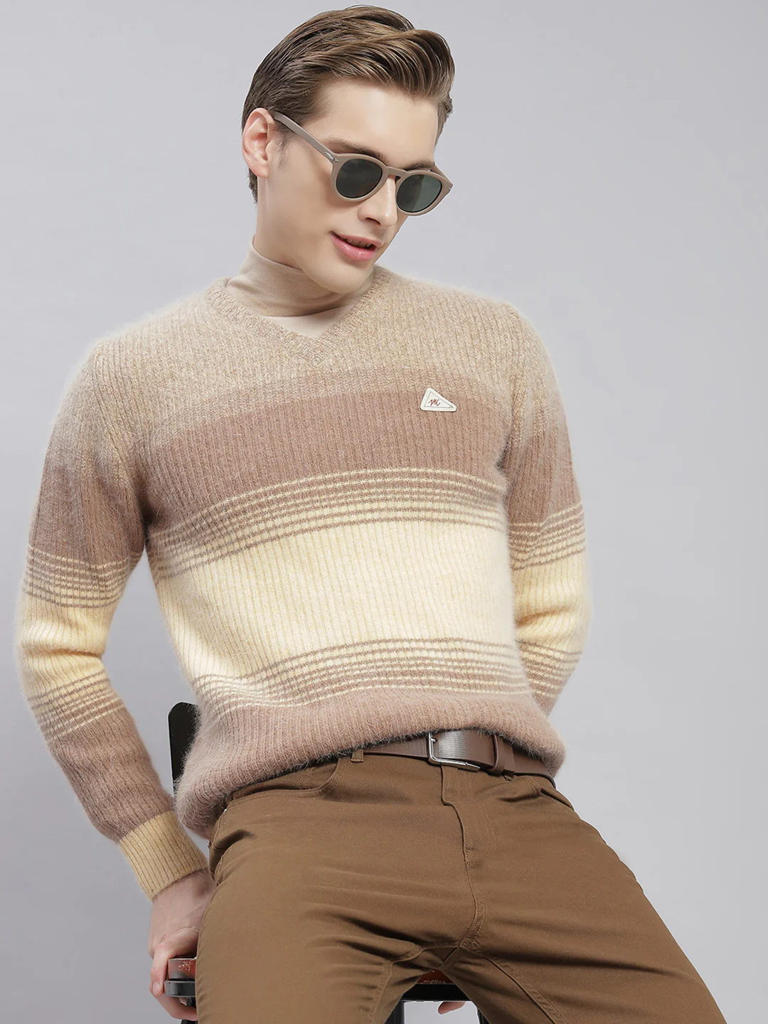 Men Brown Stripe V Neck Full Sleeve Sweaters/Pullovers - Image 2