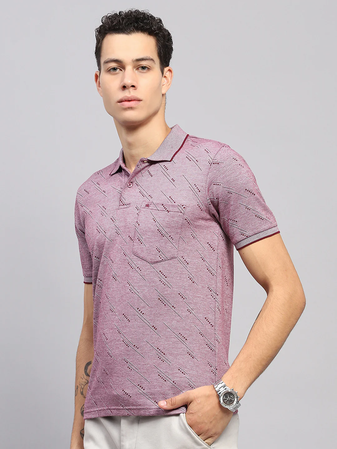 Men Burgundy Printed Collar Half Sleeve T-Shirt - Image 3